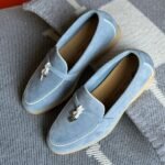 Loro Piana Charm Suede Loafers Slip On Shoes Blue White Lining - Image 4