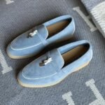 Loro Piana Charm Suede Loafers Slip On Shoes Blue White Lining - Image 5