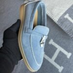 Loro Piana Charm Suede Loafers Slip On Shoes Blue White Lining - Image 6