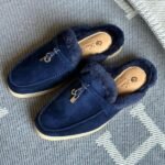 Loro Piana Charm Suede Fur Mules Slip-Ons Flats Shoes Navy Blue