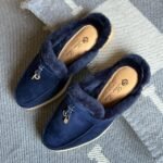 Loro Piana Charm Suede Fur Mules Slip-Ons Flats Shoes Navy Blue - Image 2