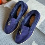 Loro Piana Charm Suede Fur Loafers Slip-Ons Flats Shoes Navy Blue - Image 2