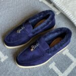 Loro Piana Charm Suede Fur Loafers Slip-Ons Flats Shoes Navy Blue