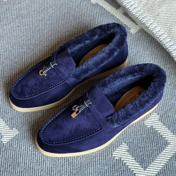500 (128) Loro Piana Charm Suede Fur Loafers Slip-Ons Flats Shoes Navy Blue - Image 1