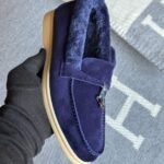 Loro Piana Charm Suede Fur Loafers Slip-Ons Flats Shoes Navy Blue - Image 3