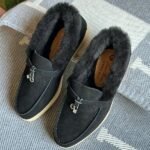 Loro Piana Charm Suede Fur Loafers Slip-Ons Flats Shoes Black - Image 2