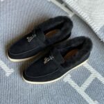 Loro Piana Charm Suede Fur Loafers Slip-Ons Flats Shoes Black