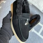 Loro Piana Charm Suede Fur Loafers Slip-Ons Flats Shoes Black - Image 3