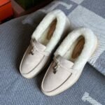 Loro Piana Charm Suede Fur Loafers Slip-Ons Flats Shoes White - Image 2