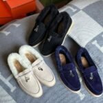 Loro Piana Charm Suede Fur Loafers Slip-Ons Flats Shoes Black - Image 4