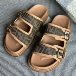 Fendi Feel FF-Jacquard Zucca Canvas and Leather Strap Flat Slides Sandals Slip-Ons Brown Green - Image 4