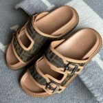 Fendi Feel FF-Jacquard Zucca Canvas and Leather Strap Flat Slides Sandals Slip-Ons Brown Green - Image 3