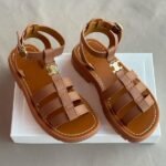 Celine Clea Triomphe Calfskin Gladiator Sandals Heeled Flats Orange - Image 2