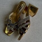Gina Metallic Leather Crystal Embellished Blocked Heels Slip-Ons Sandals Gold