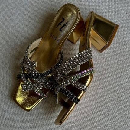 Gina Metallic Leather Crystal Embellished Blocked Heels Slip-Ons Sandals Gold