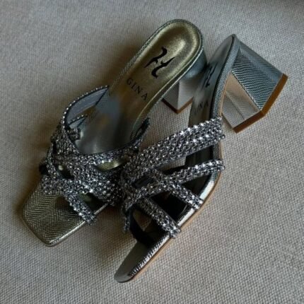 Gina Metallic Leather Crystal Embellished Blocked Heels Slip-Ons Sandals Silver