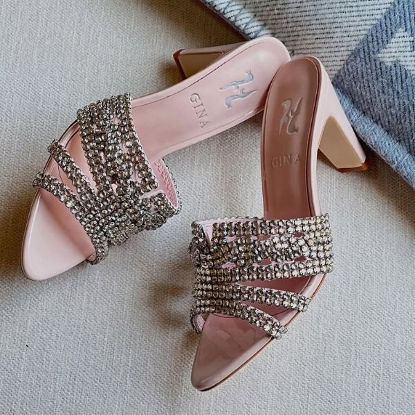 500 (222) Gina Metallic Printed Crystal Embellished Blocked Heels Slip-Ons Sandals Peach Pink - Image 1