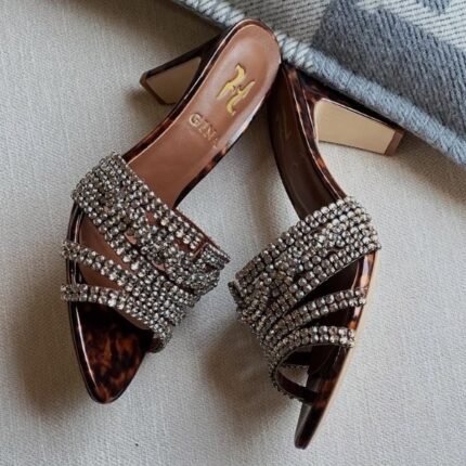 Gina Metallic Printed Crystal Embellished Blocked Heels Slip-Ons Sandals Brown