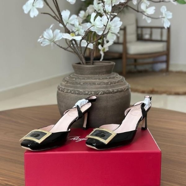 500 (236) Roger Vivier Patent Leather Trompette Slingback High Heels Pumps Sandals Black - Image 1