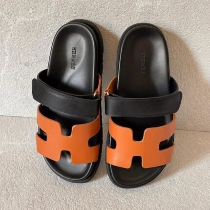 Hermès Chypre Suede Sandals Slippers Slip-On Slides Black & Orange