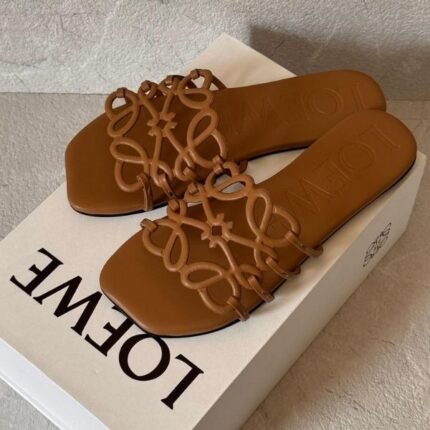 Loewe Petal Anagram Soft Calfskin Slides Flats Slip-Ons Sandals Brown Tan