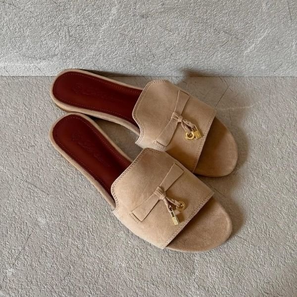 500 (255) Loro Piana Charm Suede Slides Flats Slip-Ons Sandals Beige - Image 1
