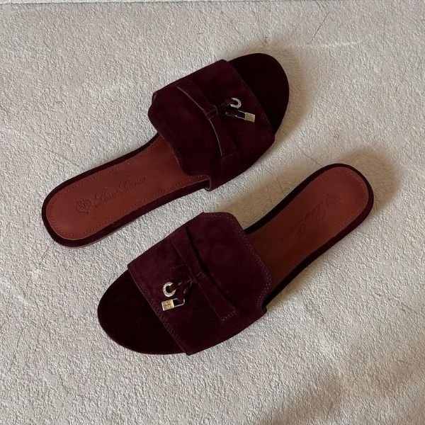 500 (261) Loro Piana Charm Suede Slides Flats Slip-Ons Sandals Red - Image 1