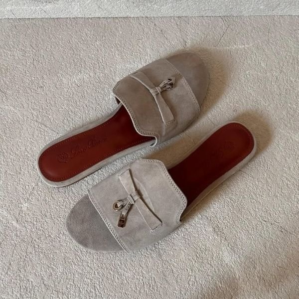 500 (263) Loro Piana Charm Suede Slides Flats Slip-Ons Sandals Gray - Image 1