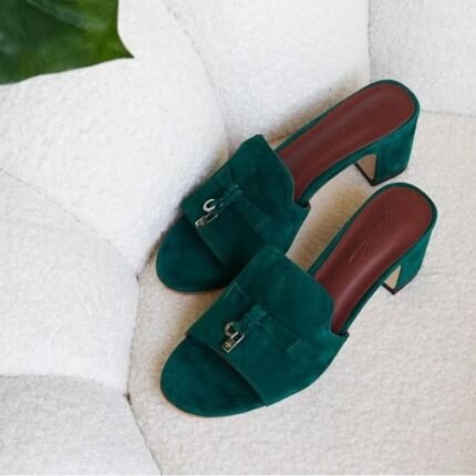 Loro Piana Women's Suede Charm Heels Sandals Shoes Green