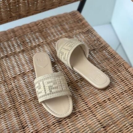 Fendi Sunshine FF Raffia Leather Flats Slides Slip-Ons Sandals Beige