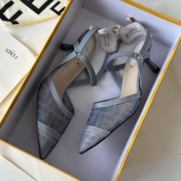 500 (274) Fendi Colibri 37 Mesh Slingbacks Garter Pumps Heels Pointed Toe Gray Silver - Image 1