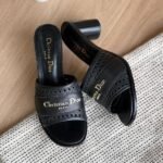 Christian Dior D-Lane Camel Calfskin with Openwork Microcannage Motif Heels Slides Pumps Sandals Black