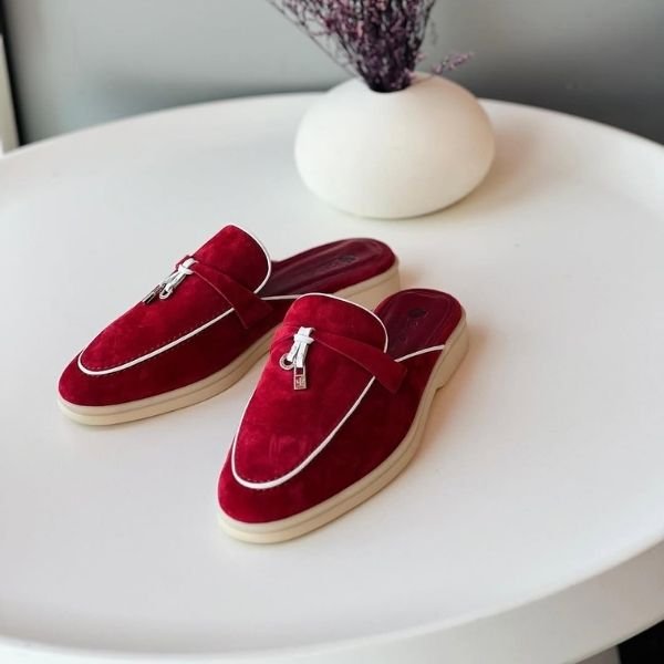 500 (311) Loro Piana Charm Suede Mules Slip On Shoes Red White Lining - Image 1