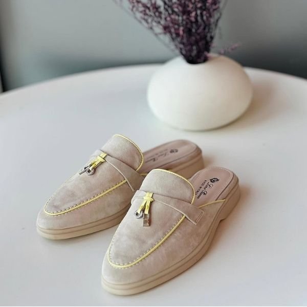 500 (314) Loro Piana Charm Suede Mules Slip On Shoes Beige Yellow Lining - Image 1