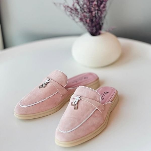 500 (315) Loro Piana Charm Suede Mules Slip On Shoes Pink White Lining - Image 1