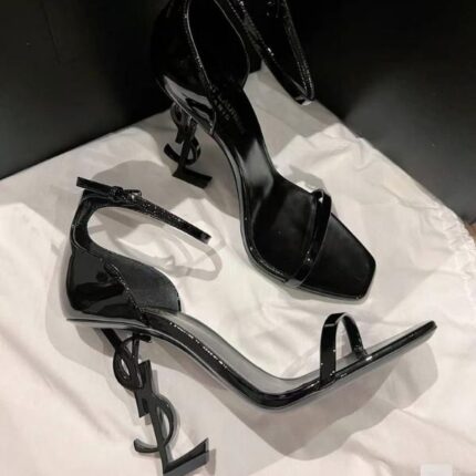 Yves Saint Laurent 85 Opyum Patent Leather Back Strap High Heels Sandals Black Heels 