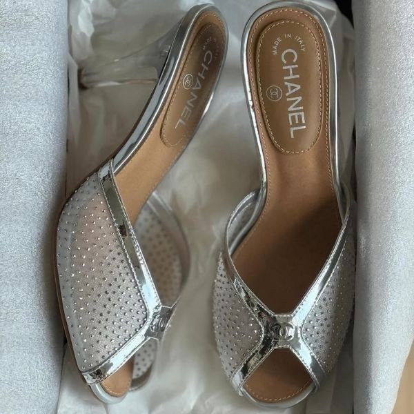 500 (331) Chanel CC Logo Mesh Crystal Embellished 37 Heels Pumps Sandals Silver - Image 1