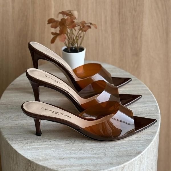 500 (332) Gianvito Rossi 55mm Elle PVC High Heels Pointed Toe Pumps Sandals Brown - Image 1