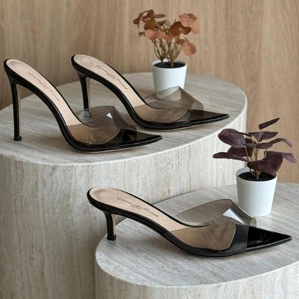 500 (334) Gianvito Rossi 55mm Elle PVC High Heels Pointed Toe Pumps Sandals Black - Image 1