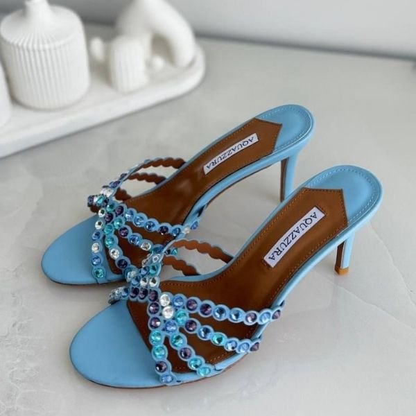 500 (344) Aquazzura Tequila Mule 75 Heels Sandals Pumps Cyan Blue - Image 1