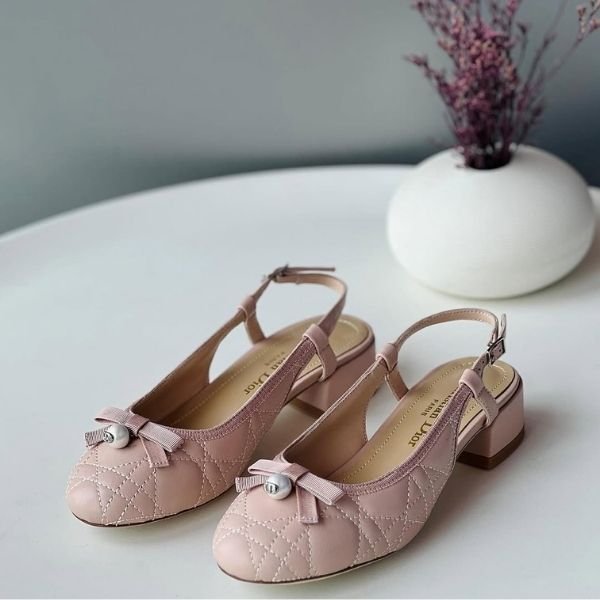 500 (363) Christian Dior Quilted Cannage Calfskin Ballet Slingback Pumps Heels Sandals Peach Pink - Image 1