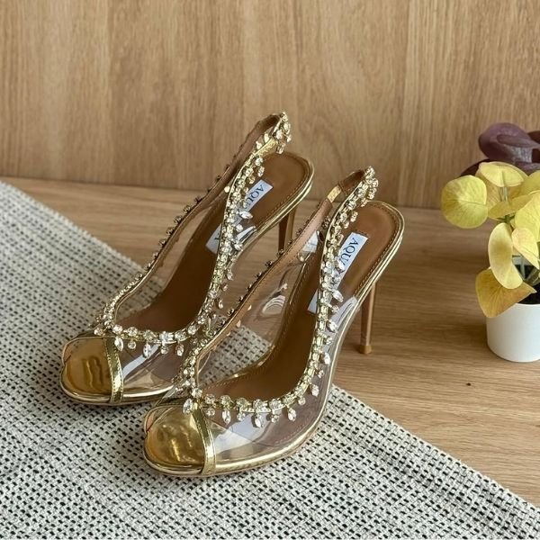 500 (380) Aquazzura Tequila Plexi Back Strap High Heels Sandals Pumps Gold - Image 1