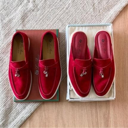 Loro Piana Charm Suede Mules Slip On Shoes Red