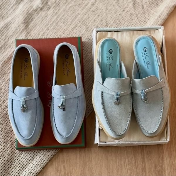 500 (389) Loro Piana Charm Suede Mules Slip On Shoes Cyan Blue - Image 1