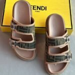 Fendi Feel FF-Jacquard Zucca Canvas and Leather Strap Flat Slides Sandals Slip-Ons Brown Green