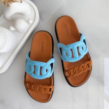 Hermès Nappa Extra Slides Sandals Slip-Ons Tan Cyan
