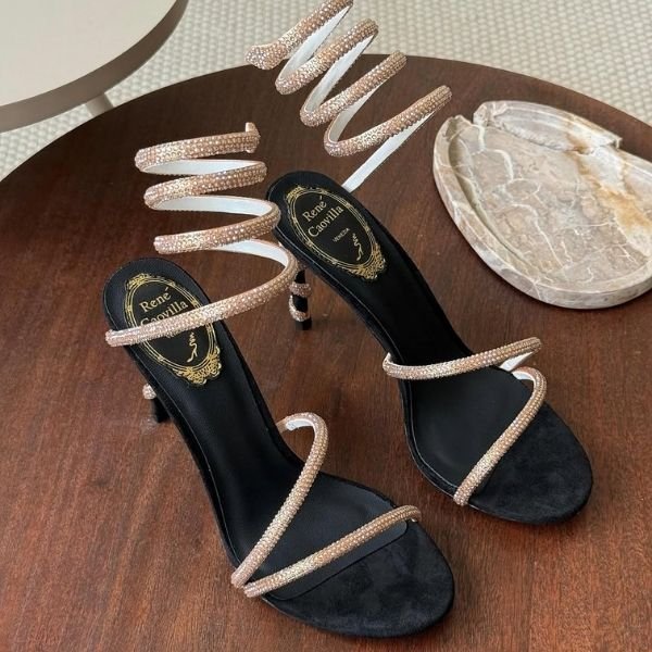 500 (443) René Caovilla 105mm Cleo Sandals High Heels Beige & Black - Image 1