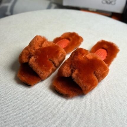 Hermès Oran Rouge De Turin Fur Woolskin Flats Slides Sandals Slip-Ons Orange
