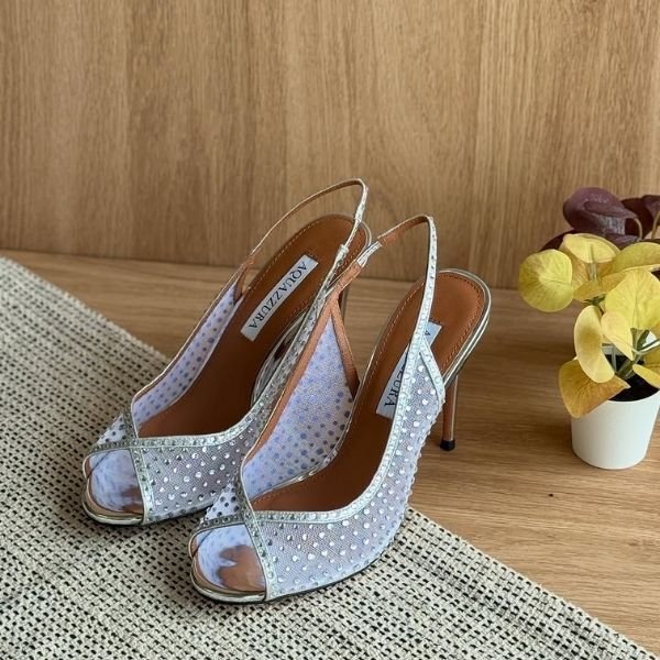 500 (451) Aquazzura 105mm Crystal Lover Back Strap High Heels Sandals Pumps Silver - Image 1
