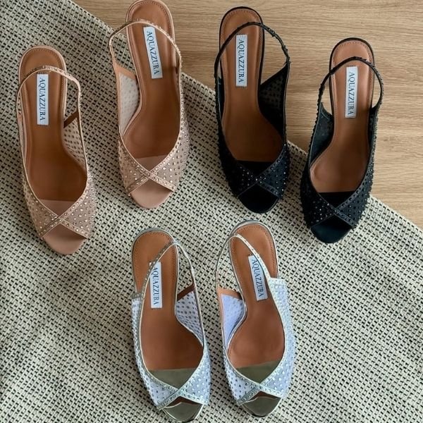 500 (452) Aquazzura 105mm Crystal Lover Back Strap High Heels Sandals Pumps Black - Image 1